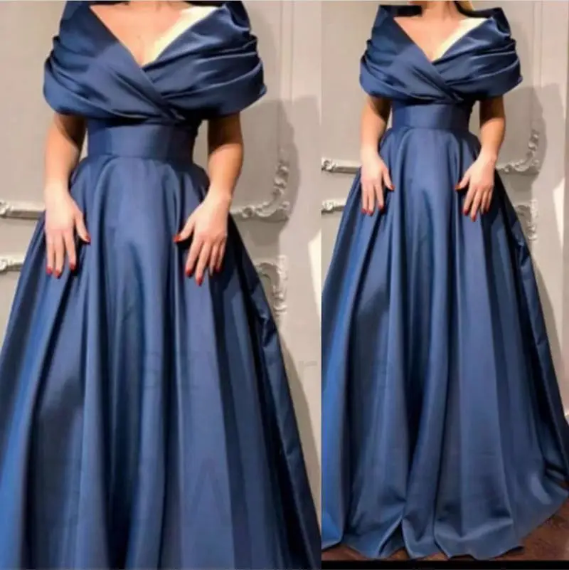 

New Arrival V Neck Cap sleeve Formal dresses for women party Satin Navy Blue Cheap Evening dress Prom Caftan Dubai