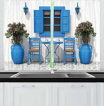 

Travel Kitchen Window Curtains Traditional Greek Design Holiday Summer House with Flowers Window Image Window for Kitchen Cafe