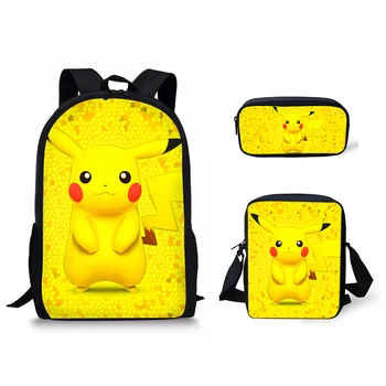 

Fashion 3PCs/Set Children's Backpack Cartoon Pikachu Anime School Bags Set Kawaii Pikachu Pattern Tennagers Book Bags
