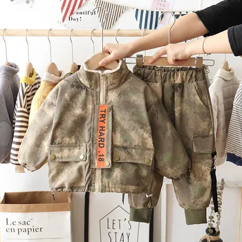 

Plus Velvet Children Warrior Kids Boys Camouflage 2PCS/set Military Clothing Set Soldiers Army Uniform Jackets Suit for Child