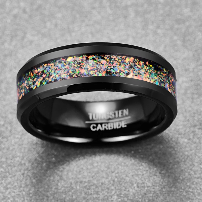 Nuncad 8mm Black Color Electroplated Polished Natural Colorful Opal Tungsten Carbide Rings Men's Jewelry Wedding Bands