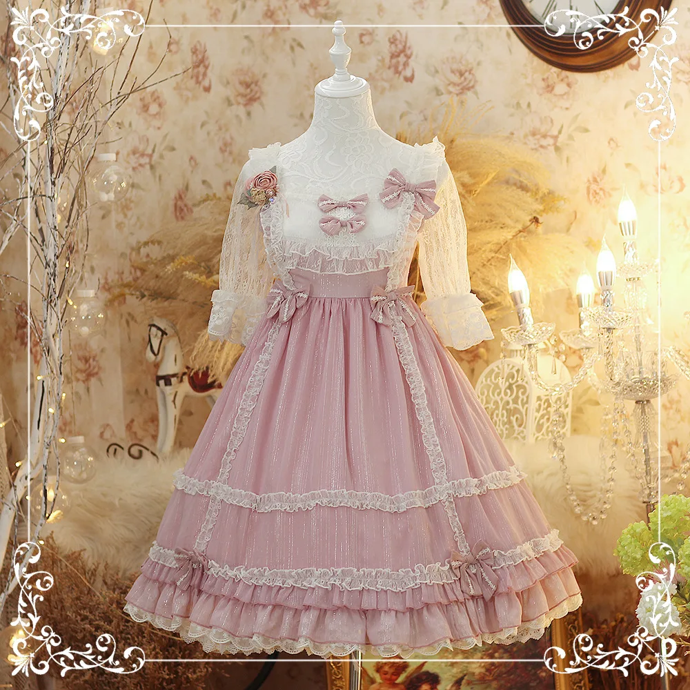 

Flower wedding Cosplay Lolita Pure color Chiffon OP Dress Fairytale Japanese Sweet Princess Lace Ruffles Dress Pink Summer