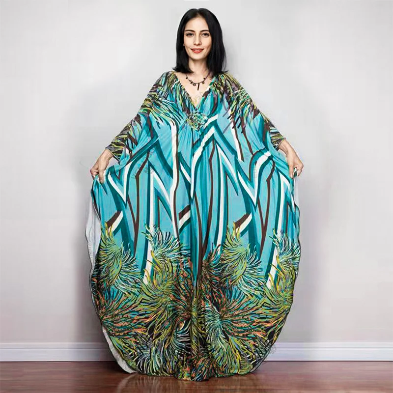 bikini cover 2022 Print Cover-ups Sexy Deep V-neck Summer Beach Dress Tunic Long Kaftan Women Beachwear Swimsuit Cover Up Robe de plage Q1289 cute bathing suit cover ups