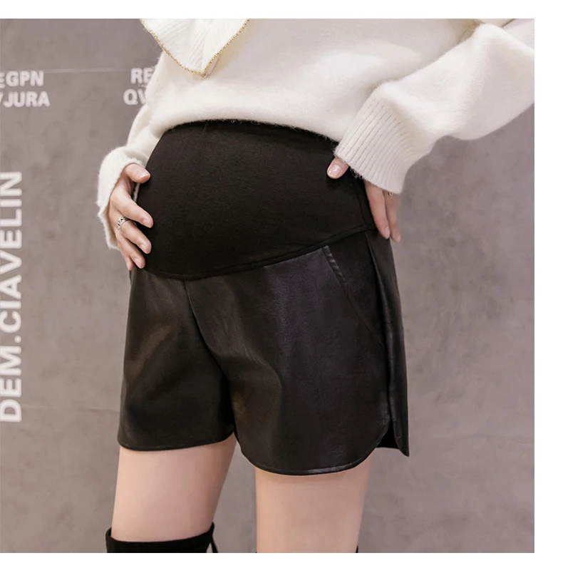 Хлопок живот в стиле пэчворк из искусственной кожи шорты для беременных Для женщин модные широкие брюки с широкими штанинами Короткие штаны беременности и родам сбоку Разделение брюки
