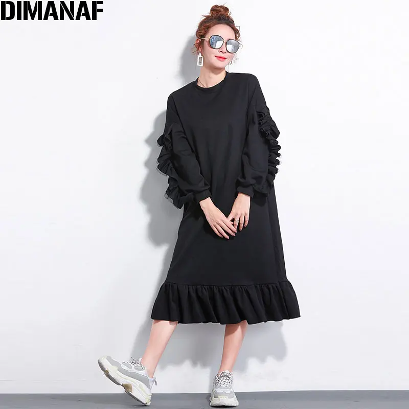 

DIMANAF Women Plus Size Autumn Dress Fashion Trumpet Vestidos Spliced Ruffles Cotton Loose Female Lady Long Sleeve Dresses 2019