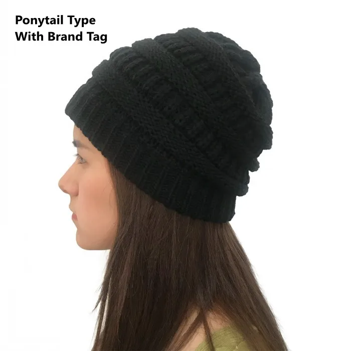 black ponytail Женские зимние вязаные шапки, шерстяные теплые шапки, женские повседневные Шапки, одноцветные шапки-бини - Цвет: black ponytail