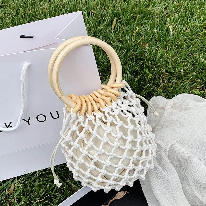 Ladies Handbag Casual Retro Woven Wooden Handle with Inner Cloth Drawstring Bucket Bag Vacation Beach Style