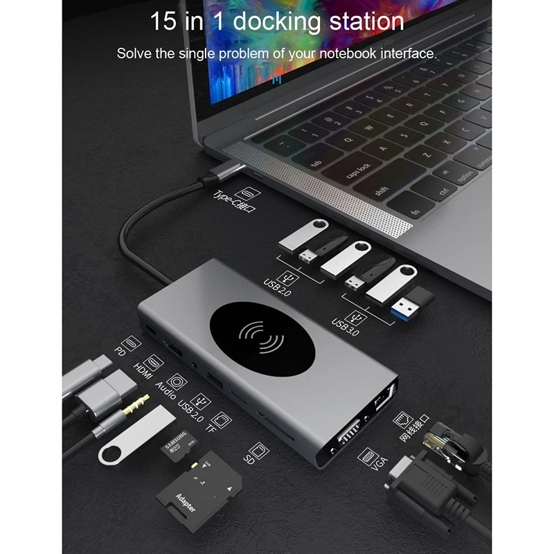 15 in 1 USB Hub Type C Adapter Docking Station with Hdmi 6 Tf/Sd Pd o Ports Usb-C Dock Compatible for | - Цена: 