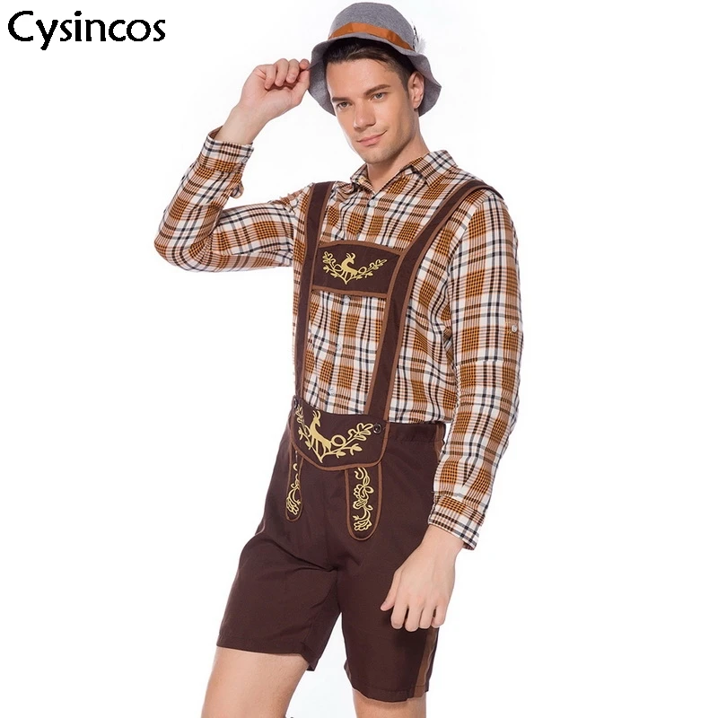 

Cysincos Men Brand Germany Oktoberfest Suspender Lederhosen Shirt Hat Outfit Costume Bavaria Beer Festival Halloween Fancy Dress