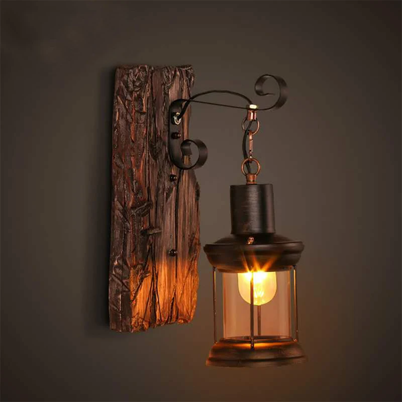Top-Industrial Decor Wall Lamp Sconce Cafe Light Iron Wood Pendant Retro Vintage Bar Shop Home Lighting Decoration
