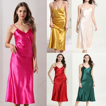 

Women's Sexy V Neck Spaghetti Straps Imitated Silk Midi Sleepwear Nightdress Sleepwear Home Nightgowns mujer femme Sleepshirts