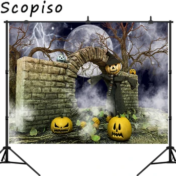 

Scopiso Photography Backgrounds Stone Arched Door Moon Thunder Night Pumpkin Scarecrow Halloween Backdrops