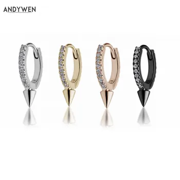 

ANDYWEN 925 Sterling Silver 9MM Middle Spike Huggies Hoops Women Rock Punk Circle Round CZ Zircon Crystal Women Ear Jewelry