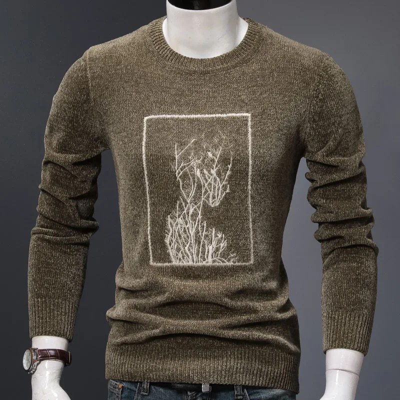

Fashion Thick Knitted Sweater Winter Men Abstract Graphic Crewneck Slim Fit Pullover