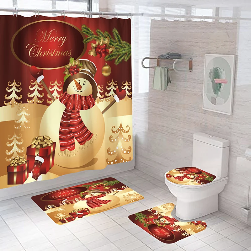 

Christmas Shower Curtain Bathroom Waterproof Polyester Snowman Bath Shower Curtain Washable Bath Decor Curtains With 12 Hooks