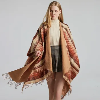 

Classic color plaid shawl cloak imitation cashmere tassel thick warmth split shawl scarf women winter