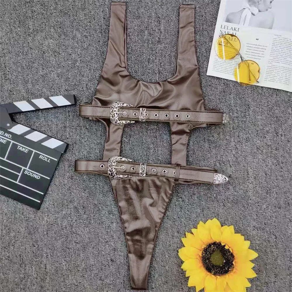 Brown Swimsuit Сексуальный блестящий бандажный Купальник для женщин, монокини с высоким вырезом, стринги, Цельный купальник, женский купальный костюм, трикини - Цвет: Brown Swimsuit