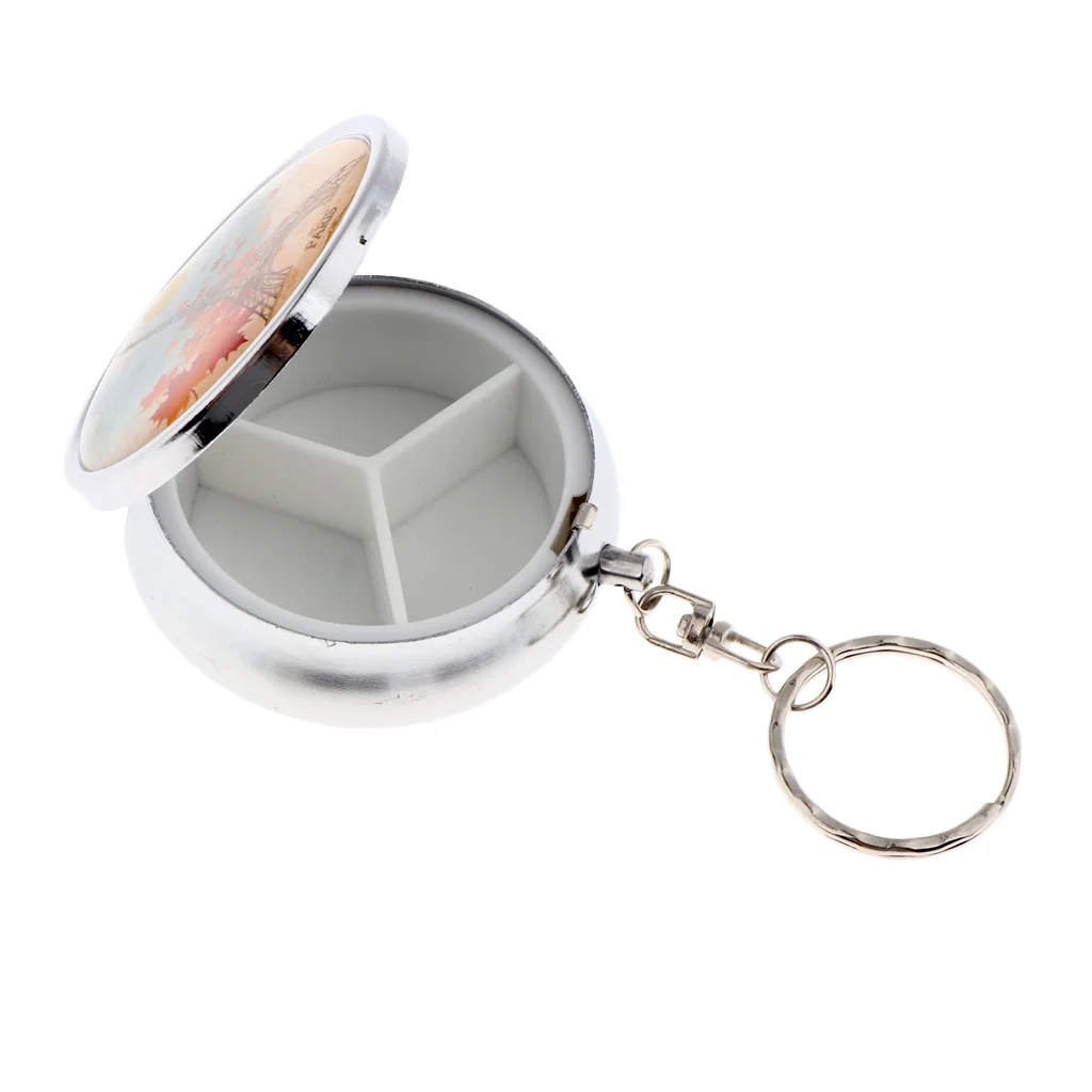 Round Keychain Style Pill Storage Case Travel Portable Box for Makeup Eyeshadow Blusher Nail Art Glitters with 3 Compartments