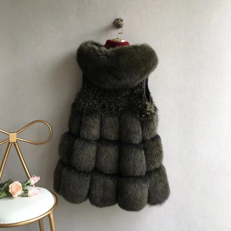 Женский жилет из искусственного меха, жилет без рукавов, теплая куртка, пальто, верхняя одежда, женские теплые пальто из искусственного лисьего меха с капюшоном - Цвет: Черный