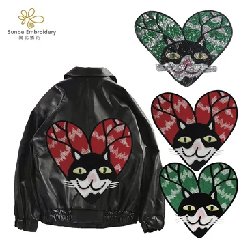 

Embroidery Heart Cat Patches Sequin Design Applique Sew on Jacket Back T shirt Badge 5 pieces