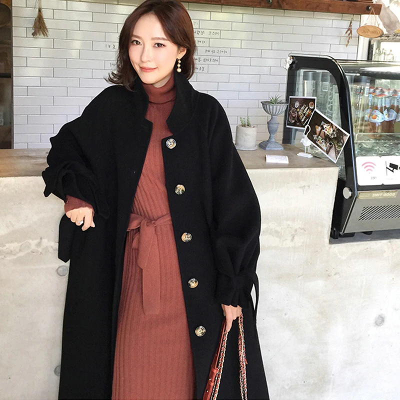 black coat Элегантное теплое зимнее шерстяное пальто для женщин однобортное ТРАПЕЦИЕВИДНОЕ Бандажное пальто женское корейское осеннее длинное пальто Damen - Цвет: black coat
