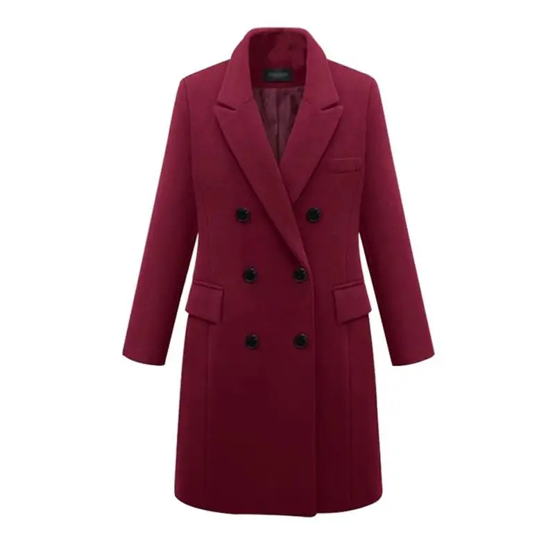 Пальто для женщин размера плюс 5XL, зимнее теплое двубортное ветрозащитное пальто, приталенное длинное шерстяное пальто - Цвет: Wine red