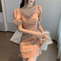 dress square collar bubble sleeve first love Platycodon grandiflorum gentle little French Floral Chiffon Dress Girl
