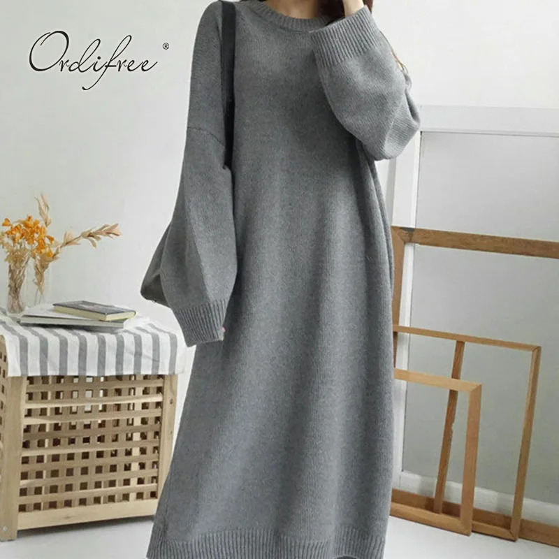 

Ordifree Oversized Women Knitted Sweater Dress 2022 Autumn Winter Casual Loose Knitwear Long Sweater Dress
