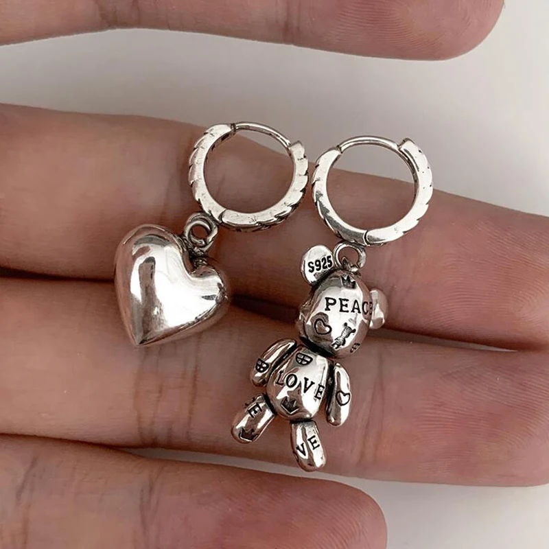 Women Silver Color Hoop Earrings Vintage Accessories Little Bear LOVE Heart Asymmetric Party