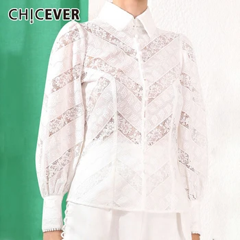 

CHICEVER Korean Patchwork Lace Women's Shirt Lapel Collar Lantern Sleeve Large Size Hollow Out Blouse Female 2020 Fashion New