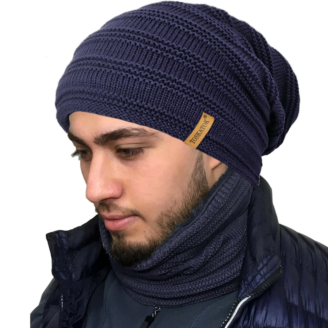 

2019 Mens Knitted Winter Hat Scarf Set Fleece Thick Warm Beanie Caps Ring Scarf Casual Male Outdoor Ski Snow Hats Bonnet Cap