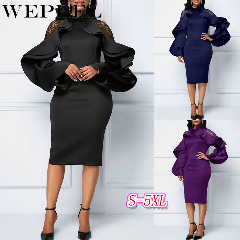 WEPBEL женское платье большого размера с оборками, длинным рукавом, кружевное летнее сексуальное платье-карандаш S-5XL повседневные Модные миди платья