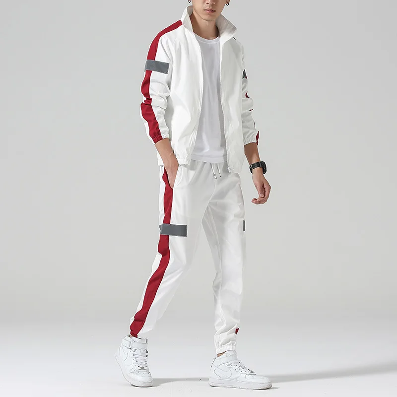 Мужские модные спортивные брюки комплект из 2 предметов костюм длинный рукав молния с капюшоном пальто+ брюки для бега повседневные весенне-осенние спортивные костюмы - Цвет: Белый