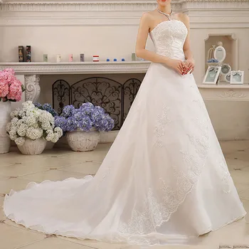 

2020 New Lace Wedding Dress Bridal Gown With Long Train Sleeveless Strapless Satin Bridal Dress Vestido De Noiva