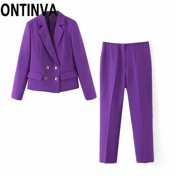 

Purple Short Blazer Double Button Autumn Winter Outwear Coat Long Sleeve 2 Piece Set Ladies Blaser Jacket Ankle Length Pants