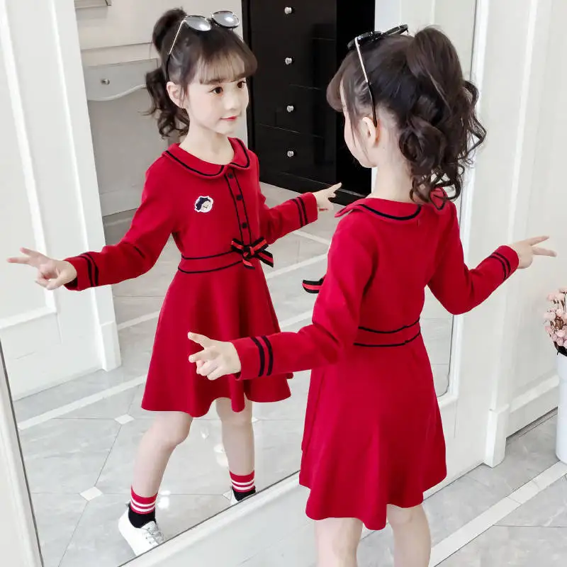 Детское модное хлопковое милое платье с длинными рукавами нарядное платье для девочек-подростков на весну-осень платье с круглым вырезом и бантом для маленьких девочек 3-8 лет - Цвет: Red