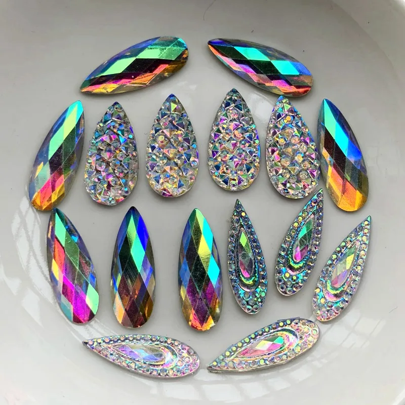 Shiny AB Resin Rhinestones Resin Rhinestones And Pearls Resin Craft Decoration 6*20mm/8X22mm/10X20mm Peacock eye Teardrop Flat back rhinestone scrapbook DIY Wedding applique ornament