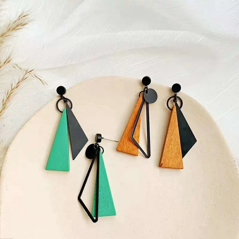 

2019 New Fashion Triangle Geometric Long Drop Earrings For Women Orange Green Jointed-Color Wooden Earrings