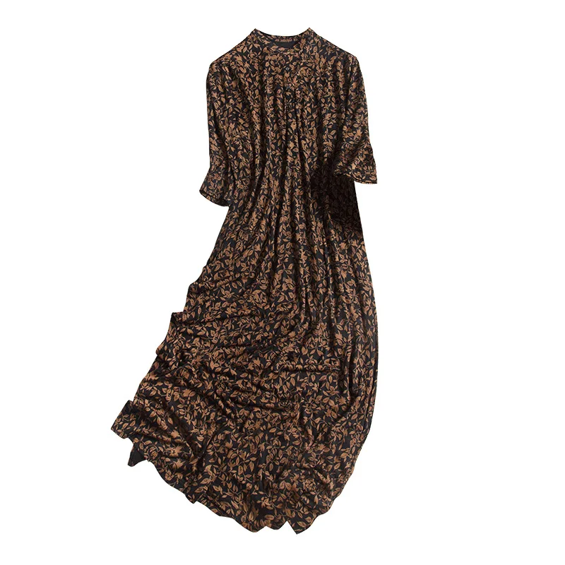 Coffee Color Leaf Printing Heavy Stand Collar Long