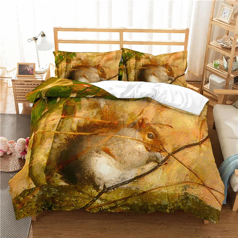 Luxury 3D Squirrel Print 2/3Pcs Kids Bedding Sets Comfortable Animal Duvet Cover Pillowcase Home Textile Queen and King Size 