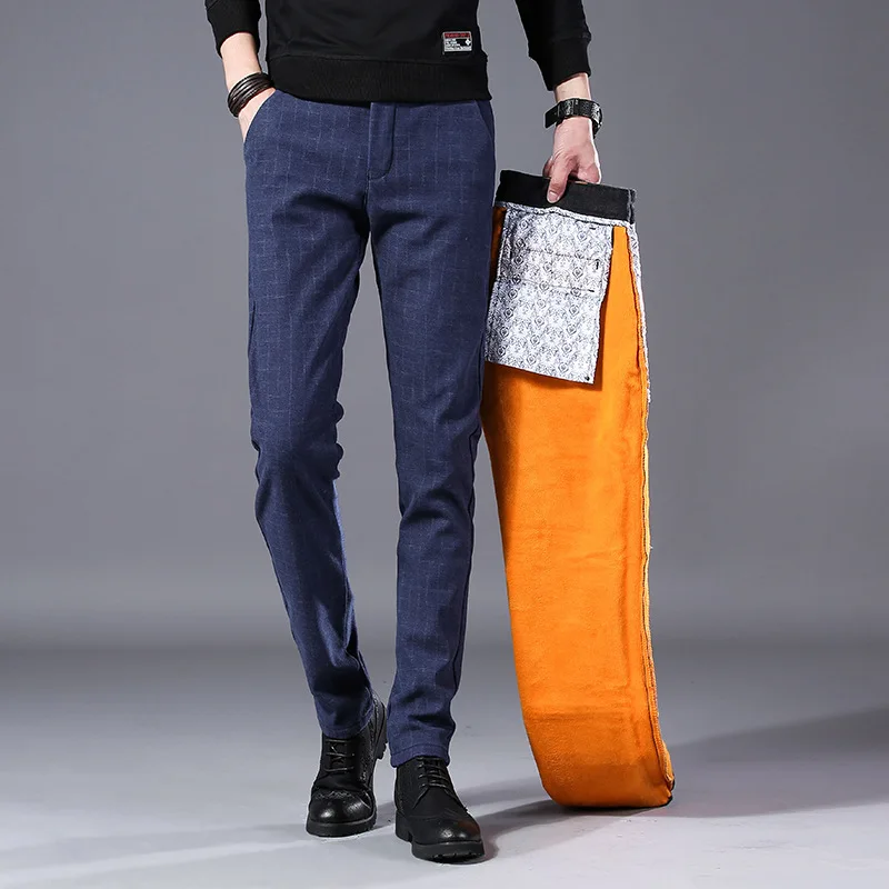 

New Men's Thick Plaid Casual Pants Plus Velvet Warm Fashion Wild Men's Feet Slim Trousers Gold Velvet Padded Men's Pants