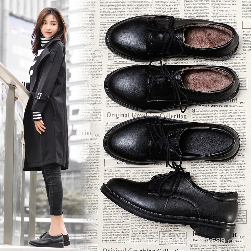 

Mori Girl Line Spring And Autumn British Style WOMEN'S Shoes Flat Retro College INS Small Leather Shoes round-Toe Lace-up Black