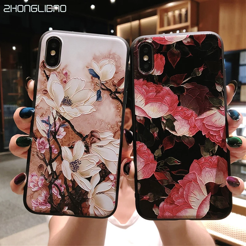 fashion 3D Emboss Flower Phone Case For iPhone 11 X XR Xs Max 8 Plus Pro Camellia Rose Leaf Cover 7 6 6S | Мобильные телефоны и
