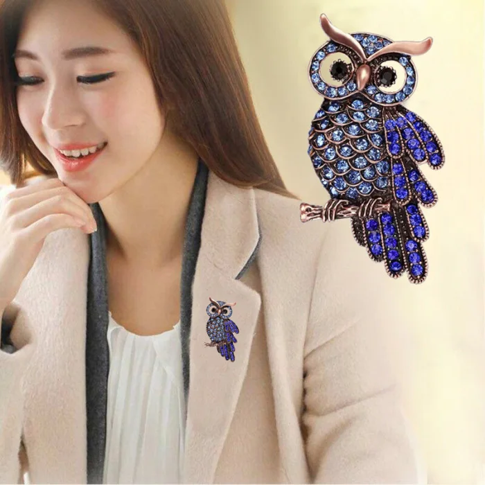 Blue Owl Shape Rhinestone Beauty Brooch Pin Scarf Shawl Clip For Women Girls