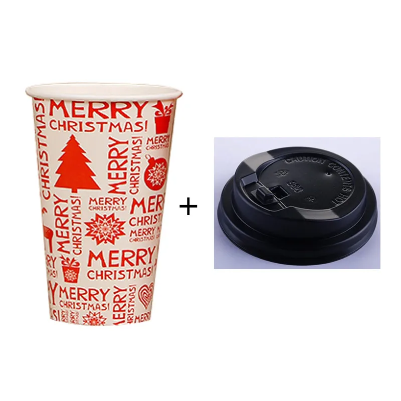 cup and lid 50 шт. высокое качество, год, Рождество, креативные бумажные стаканчики для горячих напитков, одноразовые стаканчики для кофе, молока, чая, сои, посылка на вынос с крышками - Color: cup and lid