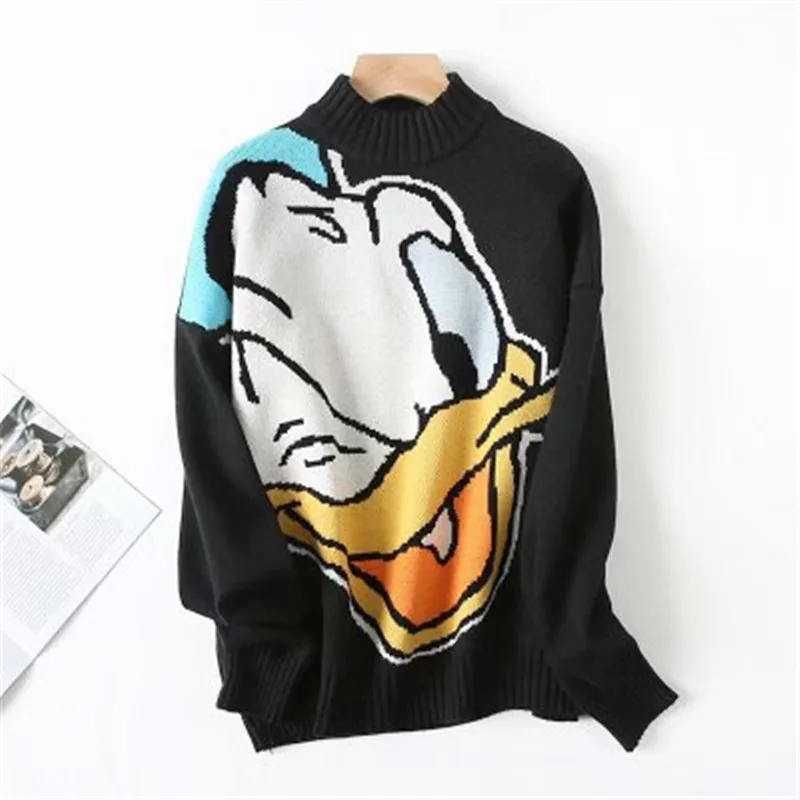 Женский свитер Daisy duck, длинный рукав, круглый вырез, свободный джемпер, топы, женский джемпер, Женский вязаный Топ, Женский пуловер, свитер - Цвет: Черный