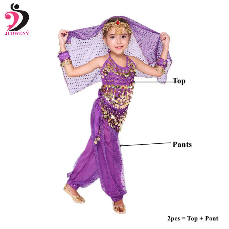 Purple 2pcs Детский костюм для танца живота, новинка года, Индийский Болливуд, Восточный Египетский танец живота, платье для девочек, топ для танца живота, штаны, 6 цветов - Цвет: Purple 2pcs