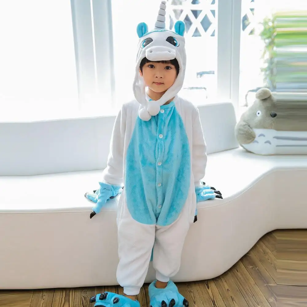 Remove Blue Unicorn Детские пижамы, зимняя одежда для сна, комбинезон для мальчиков, пижамный комплект для девочек, кигуруми, единорог, Ститч, панда, динозавр, животные, детские пижамы - Цвет: Remove Blue Unicorn