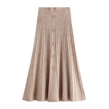 

Brand New Quality Autumn And Winter High Waist Skirt Stretch Single-breasted Knit Skirt Solid Color Pleated Skirt For Women New