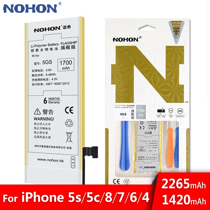 

NOHON Battery For iPhone 5S 5C 4 6 7 8 iPhone7 iPhone6 iPhone4 Battery 8G 7G 6G 4G Replacement High Capacity Bateria Free Tools